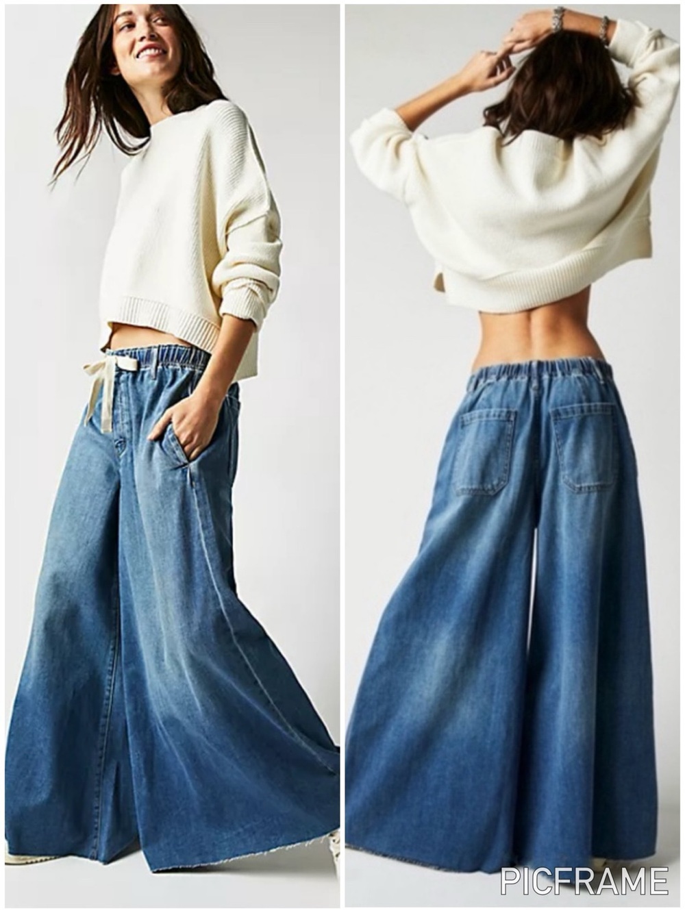 Free People Clover Wide Leg Denim Pants Mid Rise Pull On Jean Cornflower Small
